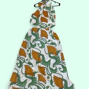 Chic Halter Maxi Dress with Green and Orange Floral Design sundress / sun dress